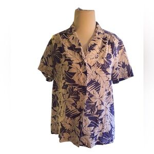Blue and white floral Hawaiian short sleeve button up crop top shirt S/M